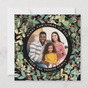 Cartão De Festividades Gilded Greenery Black Wreath e Photo Christmas