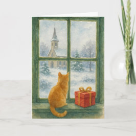 Cartão De Festividades Ginger Cat overlooking a winter's scene