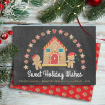 Cartão De Festividades Gingercake House Fábios Doces Chalkboard Festivo<br><div class="desc">"Feriado Doce Deseja". Uma casa giro e chata, moça de pão-de-gengibre e menino, estrelas, corações e doces, juntamente com a tipografia brincalhona, sobrepõem um fundo de painéis de de cinza de carvão negro e o ajudam a lançar na temporada de festas de festas. Um padrão doce de menta sobre um...</div>