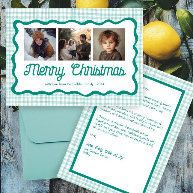 Cartão De Festividades Gingham Ondulado Verde Natal Personalizado 3 Fotos (Gingham Wavy Green Christmas Custom 3 Photo Holiday Card
)