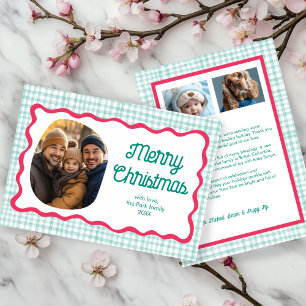 Cartão De Festividades Gingham Wavy Pink Green Christmas Personalizado 3