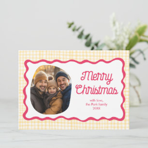 Cartão De Festividades Gingham Wavy Pink Yellow Natal Personalizado 3 Fot
