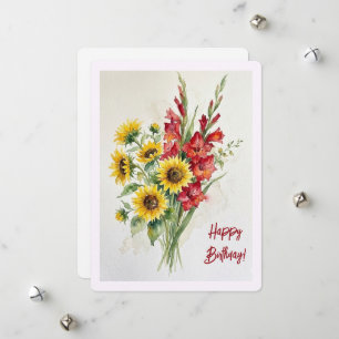 Cartão De Festividades Girassóis de aniversário aquarela floral gladíolos