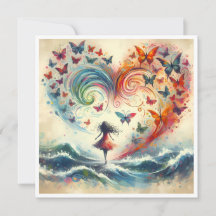 Girl above ocean waves with Butterflies