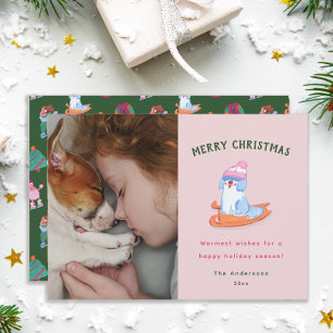 Cartão De Festividades Girly Old English Sheepdog Trenó Rosa Natal