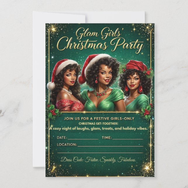 Cartão De Festividades Glam Black Girl Christmas Party Invitation  (Frente)