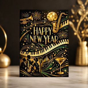 Cartão De Festividades Glamoroso Jazz Dourado Art Déco Ano Novo