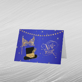Cartão De Festividades Glamour Dourado Máscara Azul Chapéu Ano Novo