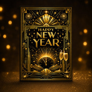 Cartão De Festividades Glamouroso Ano Novo Preto Art Déco Dourado