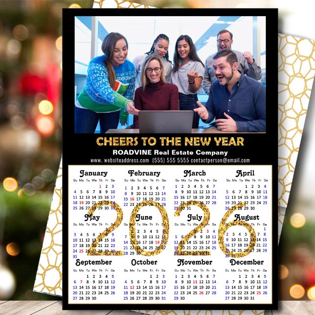 Cartão De Festividades Glitter Dourado Preto Moderno do Calendário 2026 (Criador carregado)