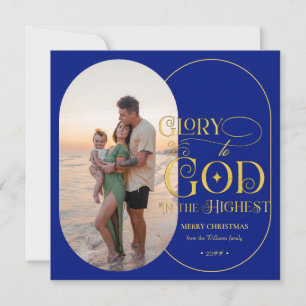 Cartão De Festividades Glória a Deus Foto Cristã Script Azul Cristão