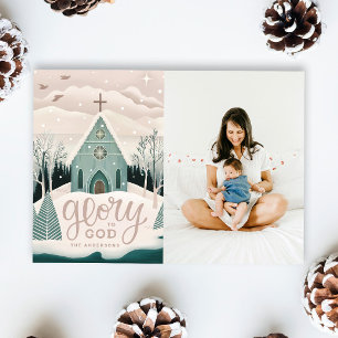 Cartão De Festividades Glória a Deus. Igreja de inverno Natal religioso