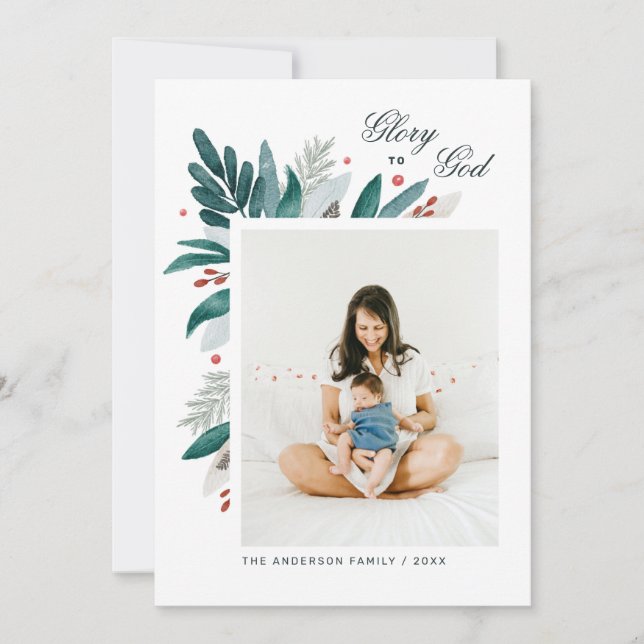 Cartão De Festividades Glória a Deus. Natal botânico floral (Frente)