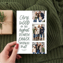 Cartão De Festividades Glória a Deus três foto religioso Natal verde