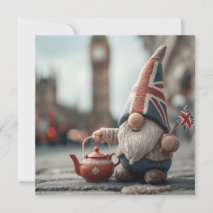 Cartão De Festividades Gnome britânico com Union Jack Hat e Teapot
