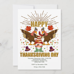 Cartão De Festividades Gnome Dabbing Turkeys Dia de Ação de Graças Convit
