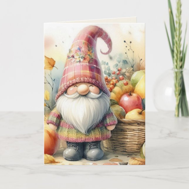 Cartão De Festividades Gnome Dia de Ação de Graças folhas de outono abóbo (Frente)