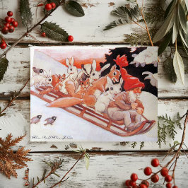Cartão De Festividades Gnome Vintage e Animais da Floresta em um Trenó