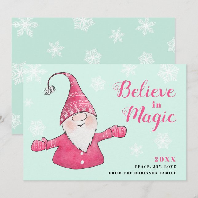 Cartão De Festividades Gnomo da Casa da Moeda e Rosa Acredita no Natal Má (Frente/Verso)
