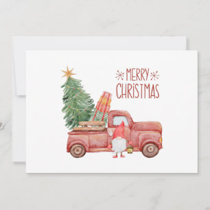 Cartão De Festividades Gnomo de Natal Alegre com Caminhão Vermelho Antigo