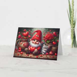 Cartão De Festividades Gnomo Feliz do Dia dos Namorados com fundo de gato
