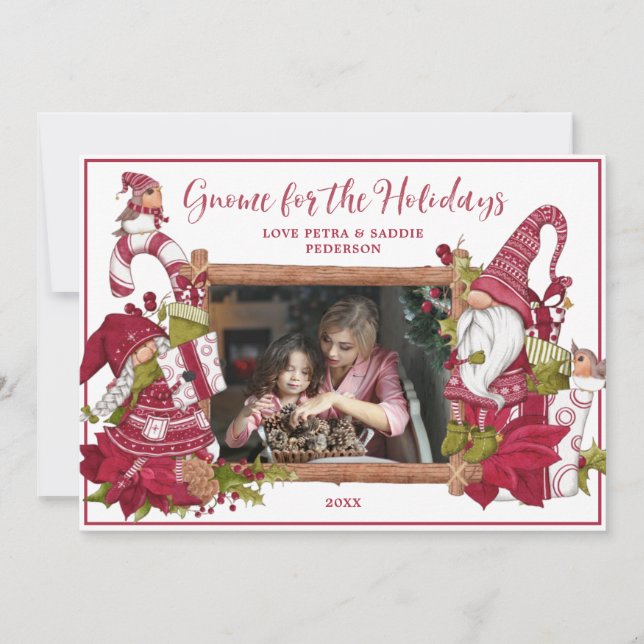 Cartão De Festividades Gnomo Vermelho e Branco para a Foto de Feriados (Frente)