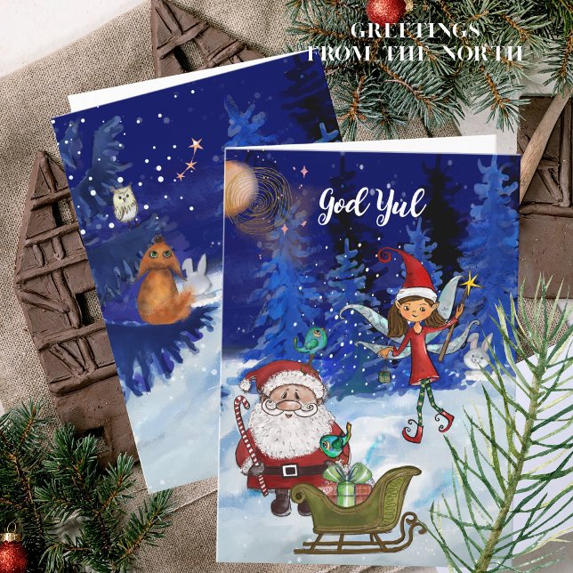 Cartão De Festividades God Jul Whimsical Julenisse Fairy & Santa Magical (God Jul Whimsical Julenisse Fairy & Santa Magical Holiday Card)