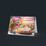 Cartão De Festividades Goddaughter Happy Mothers Day<br><div class="desc">Pink Rose' wine in a glass on a table with a basket of lit candles and pretty pink roses. To a wonderful goddaughter that is also a mom on the Mother's Day holiday.</div>