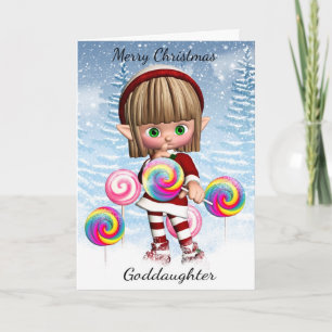 Cartão De Festividades Goddaughter Little Elf With Candy Pops And Snow