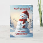 Cartão De Festividades GodFilha Christmas Snowman<br><div class="desc">Uma cena festiva de inverno mostrando um bonitão de neve em um chapéu vermelho e cachecol. Deseje à sua afilhada um feliz Natal com uma bela carta de boneco de neve.</div>