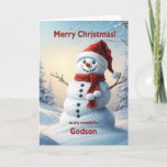 Cartão De Festividades Godson Christmas Snowman<br><div class="desc">Uma cena festiva de inverno mostrando um bonitão de neve em um chapéu vermelho e cachecol. Deseje ao seu afilhado um feliz Natal com um belo cartão de boneco de neve.</div>