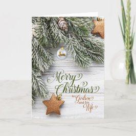Cartão De Festividades Godson e Esposa Pine de Neve e Estrelas