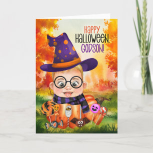 Cartão De Festividades Godson Little Wizard Boy no Dia das Bruxas