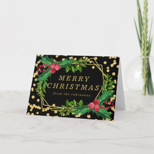 Cartão De Festividades Gold Black Family Merry Christmas Holly Glitter