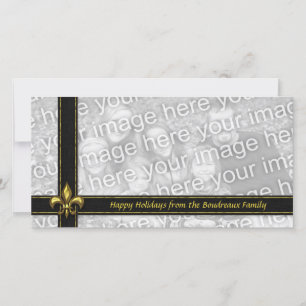 Cartão De Festividades Gold Black Ribbon Fleur de Lis Photo Christmas