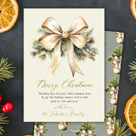 Cartão De Festividades Gold Bow Watercolor Christmas Foliage Beige