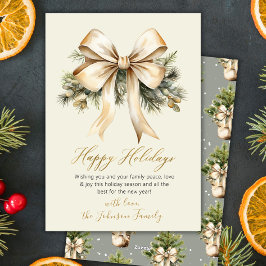 Cartão De Festividades Gold Bow Watercolor Foliage Beige Christmas