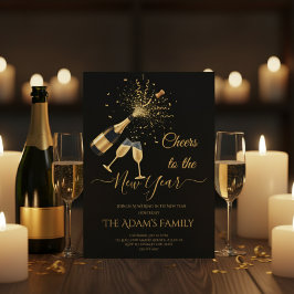 Cartão De Festividades Gold Champagne Cheers New Year Party Invitation