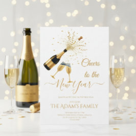 Cartão De Festividades Gold Champagne Cheers New Year Party Invitation
