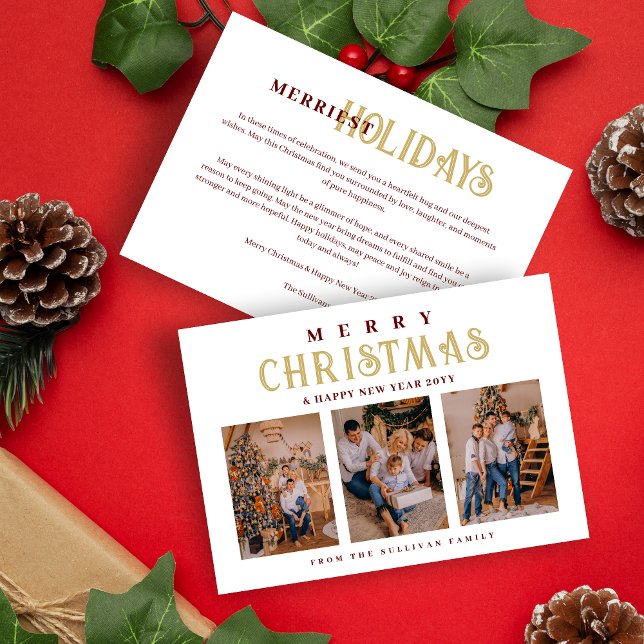 Cartão De Festividades Gold Classic Stylish Luxurious Christmas 3 Photos (Classic Stylish Luxurious Christmas 3 Photos Collage in Red and Fake Gold Holiday Card with Envelope)