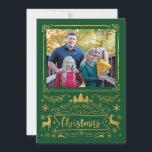 Cartão De Festividades Gold Foil Collage no Natal Verde<br><div class="desc">Uma colagem de formas festivas e texto que diz "Um Natal Muito Feliz" em um falso efeito de folha de ouro sobre um fundo verde. As aberturas de uma foto estão inclusas na frente e no verso. Adicione seu nome de família e o ano para personalizar este cartão de feriado...</div>
