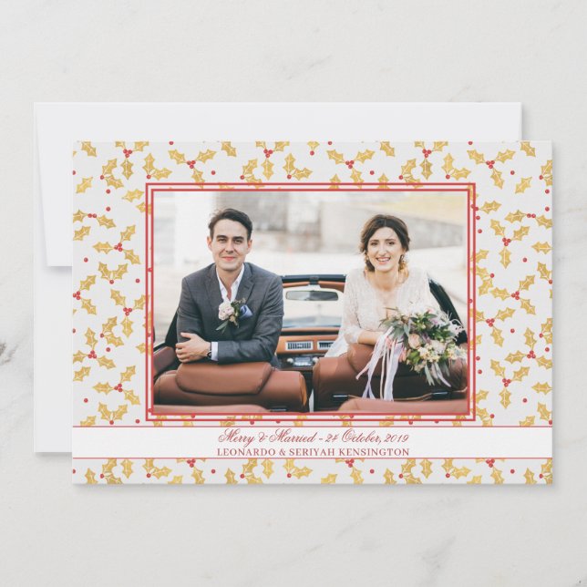 Cartão De Festividades Gold Foil Holly Feliz casada Foto de Natal (Frente)