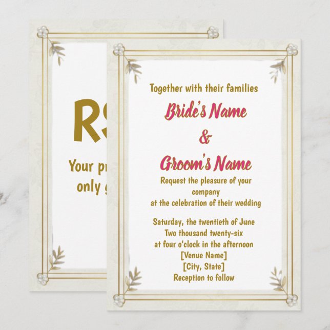 Cartão De Festividades Gold Frame Pearl Floral Wedding Invitation (Frente/Verso)