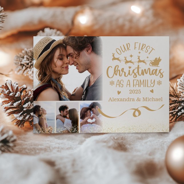 Cartão De Festividades Gold Glitter 4 Photo First Christmas as a Family  (Criador carregado)
