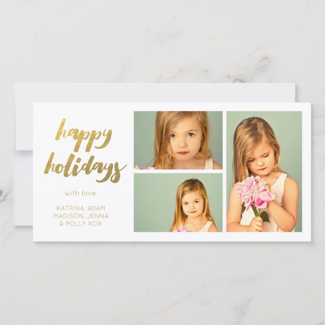 Cartão De Festividades Gold Happy Holidays White 3 Frame Photocard (Frente)