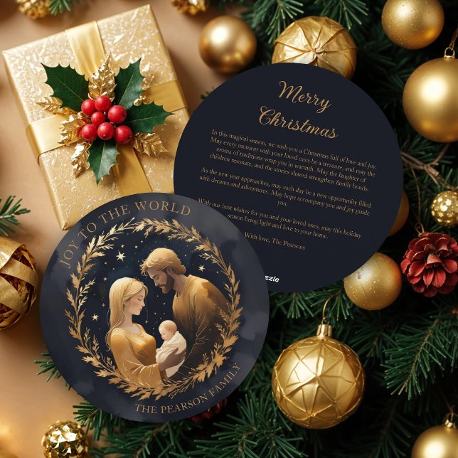 Cartão De Festividades Gold Holy Family Nativity Exquisite Christmas  (Faux Gold Holy Family Nativity Exquisite Christmas Contemporary and Original Round Holiday Cards.)