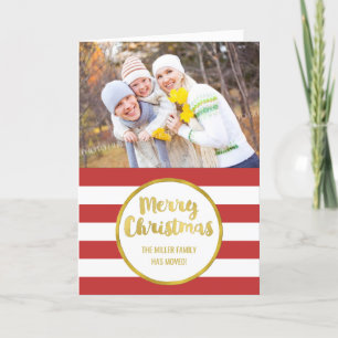 Cartão De Festividades Gold Red Stripes Merry Christmas New Address