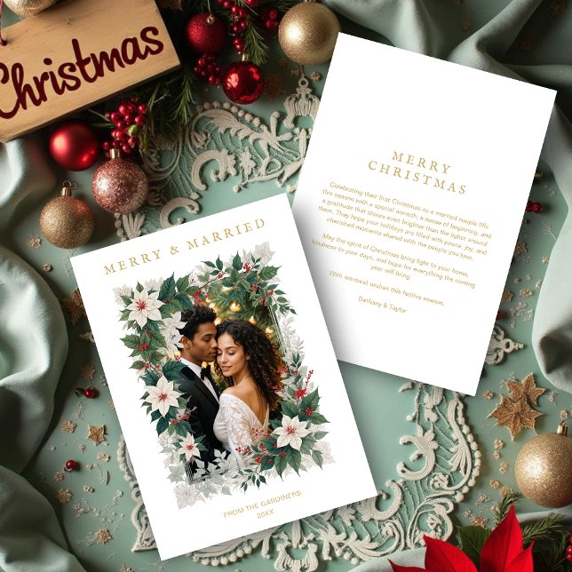 Cartão De Festividades Gold Romantic Christmas Botanical Frame Photo (Gold Romantic Christmas Botanical Frame Holiday Cards with Photo for First Christmas.)