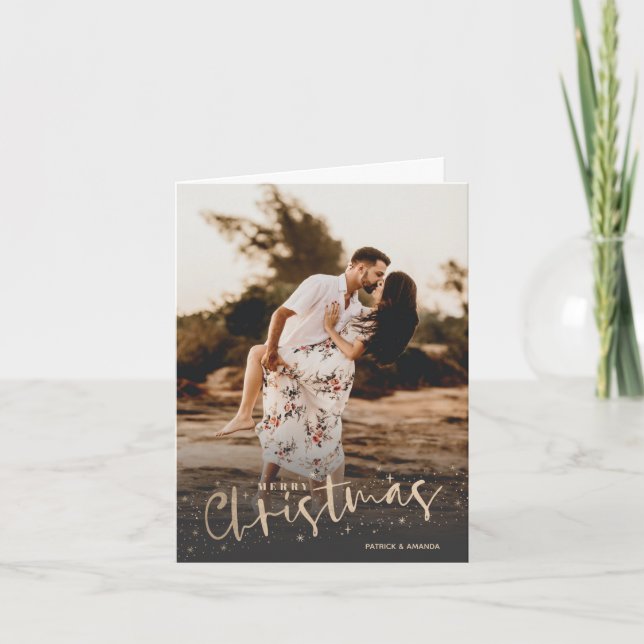 Cartão De Festividades Gold Script Merry Christmas Photo (Frente)