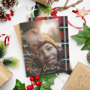 Cartão De Festividades Gold script merry christmas red tartan photo